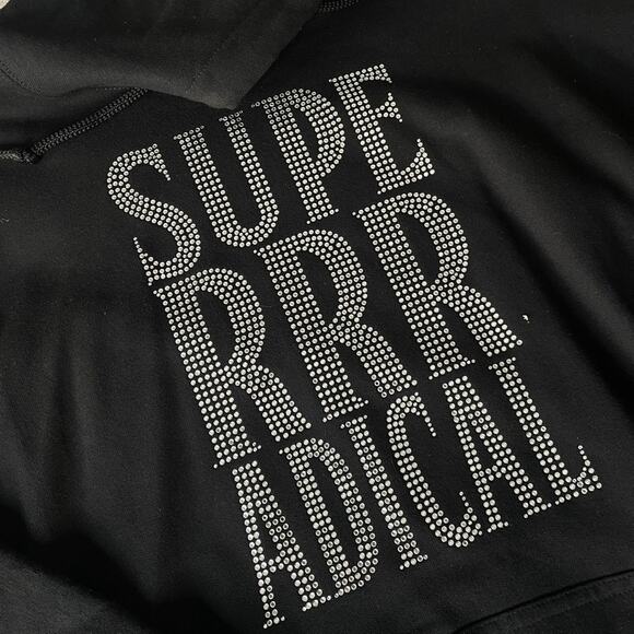 SUPERR RADICAL Black Silver Rhinestone Aim Hear Sweatshirt Hoody Large Bling - Picture 3 of 4